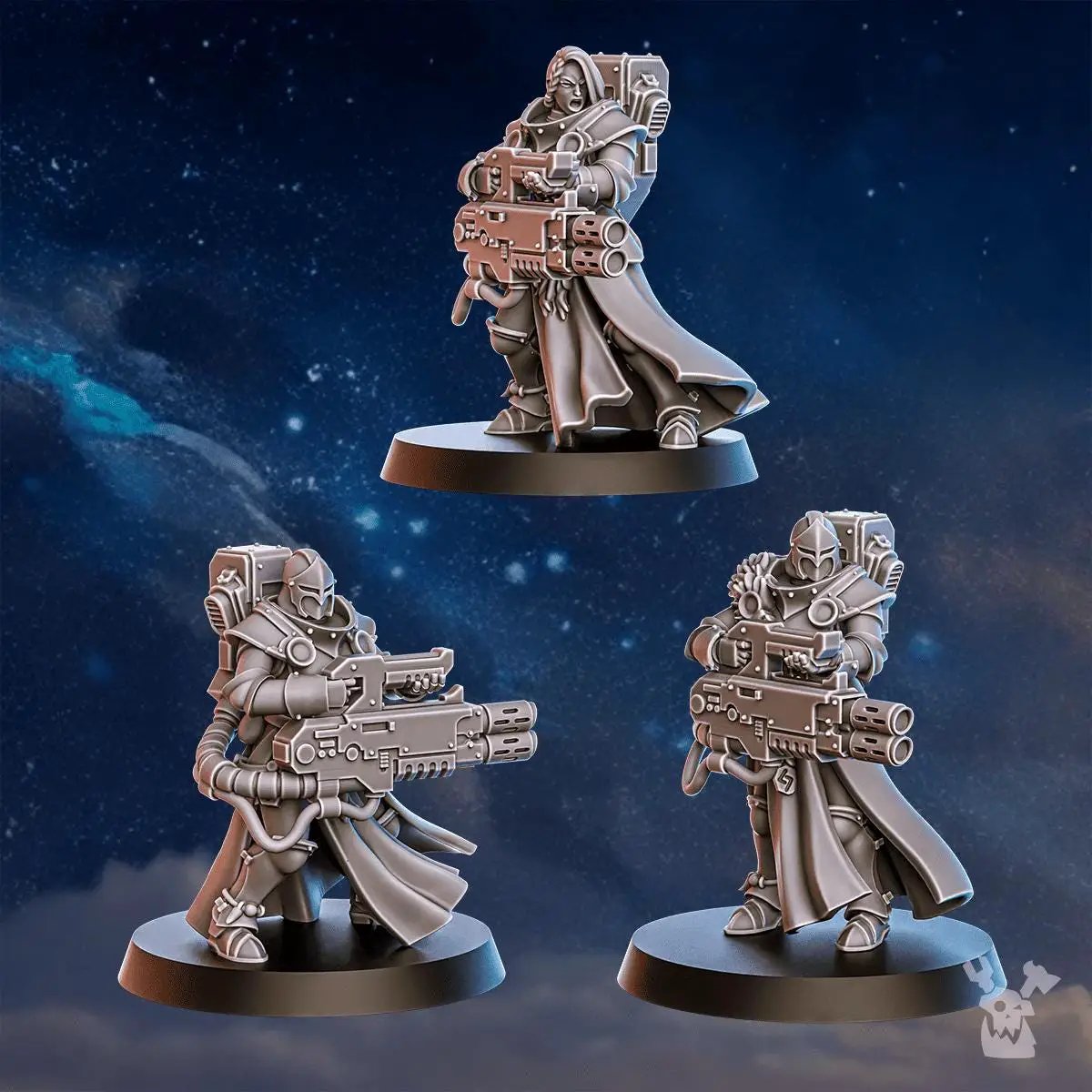 3D printed Stormpride Heavy Sisters Squad by DakkaDakka Miniatures, detailed models in white resin with intricate armor and weapon designs.