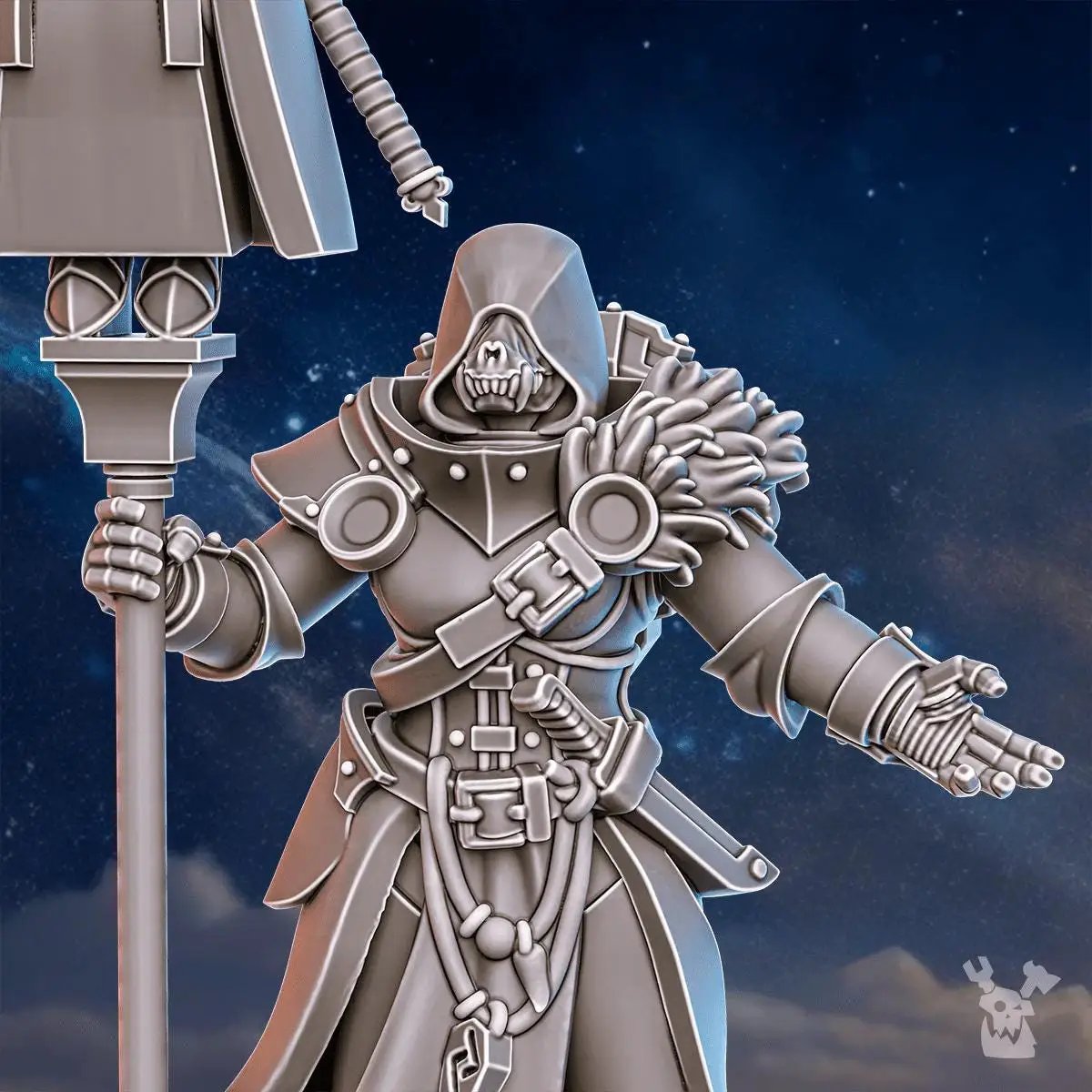 3D printed Stormpride Relic Keeper miniature by Last Hope Miniatures on a display stand, detailed with intricate armor and weaponry.