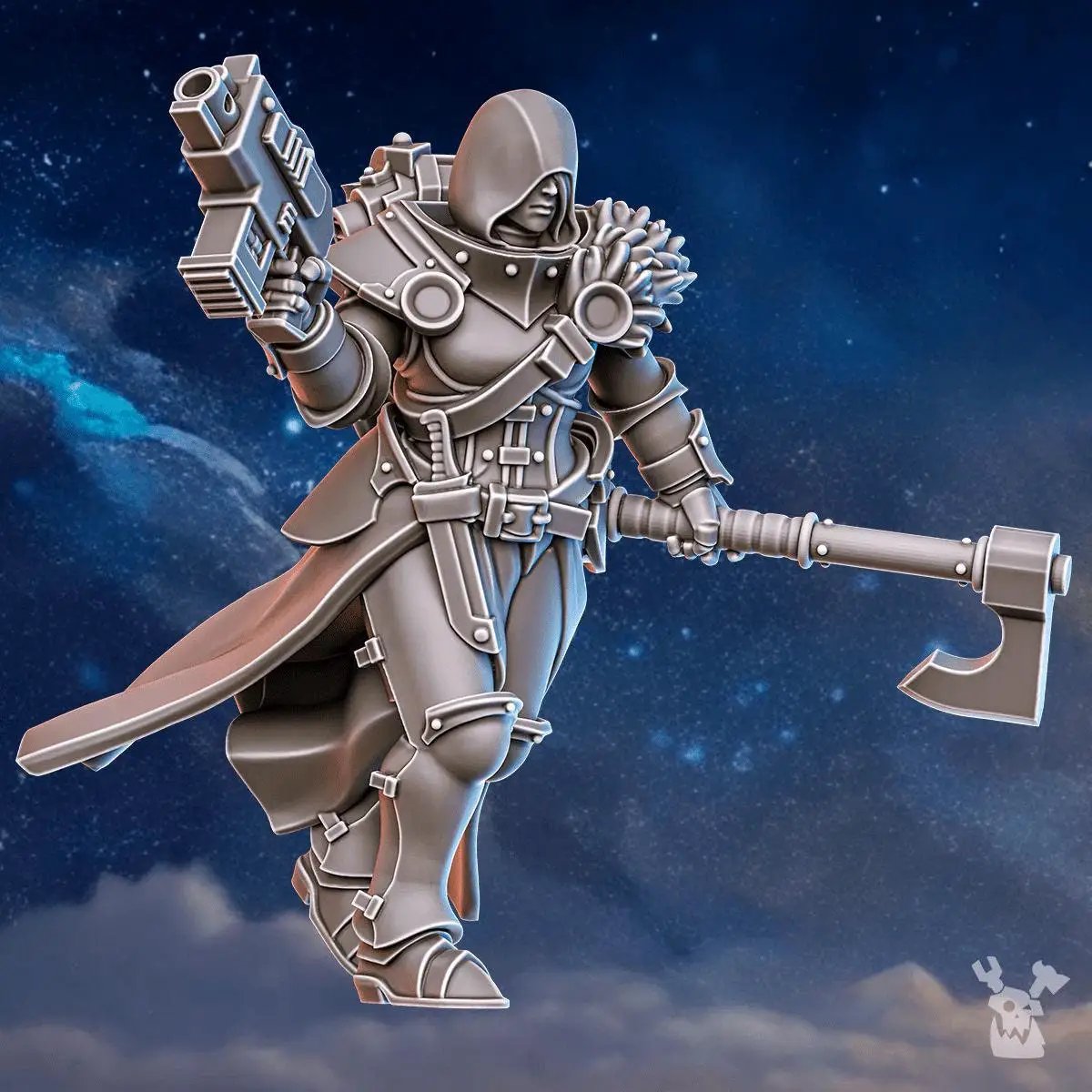 3D printed Stormpride Sister miniature by DakkaDakka Miniatures, detailed figure with armor and weaponry from Last Hope Miniatures.