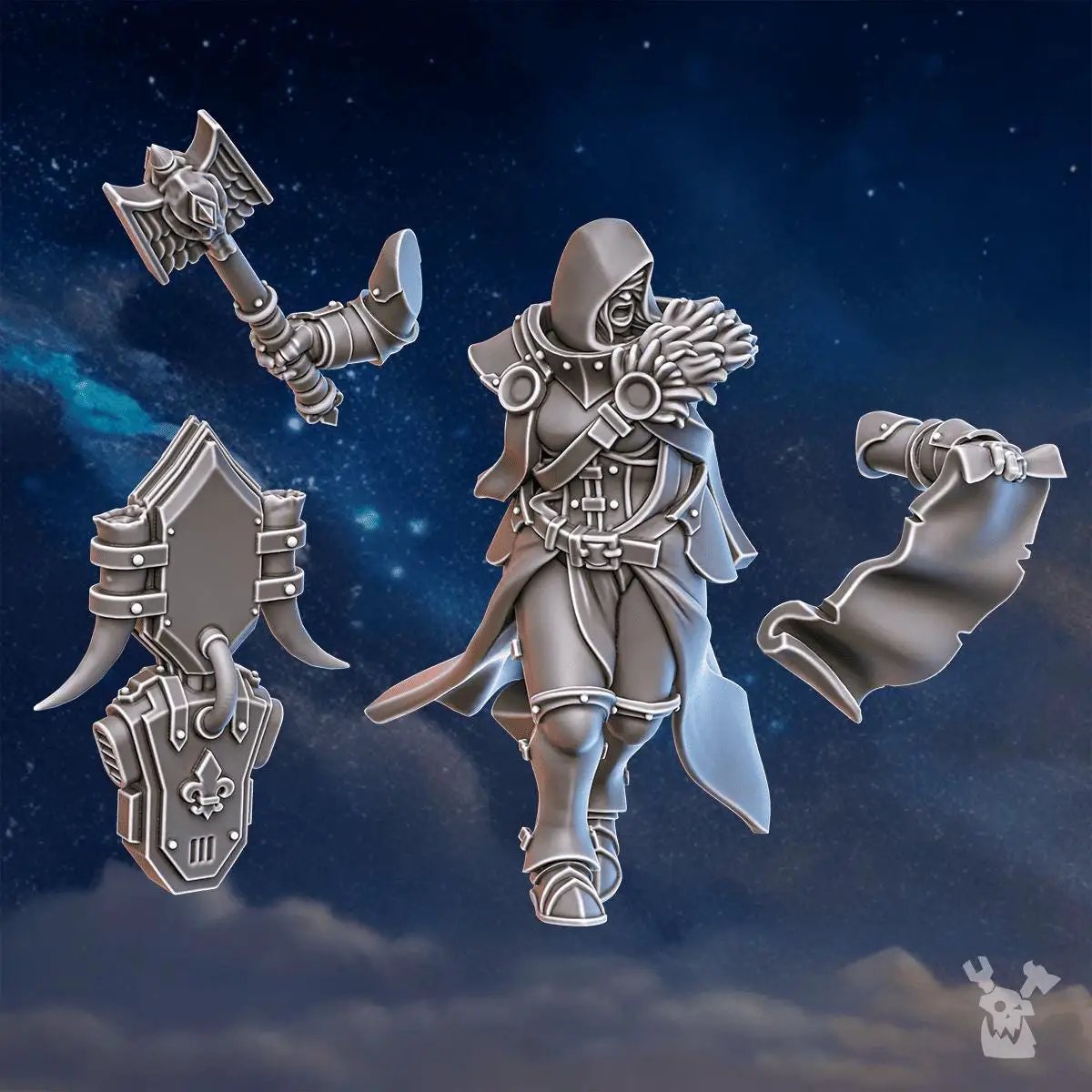3D printed Stormpride Sisters Caller miniature by Last Hope Miniatures, detailed figure with intricate armor and weapon details.
