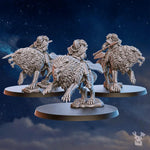 Three 3D-printed Stormpride Sisters Wolf Riders miniatures by Last Hope Miniatures from DakkaDakka, featuring detailed wolf rider figures.