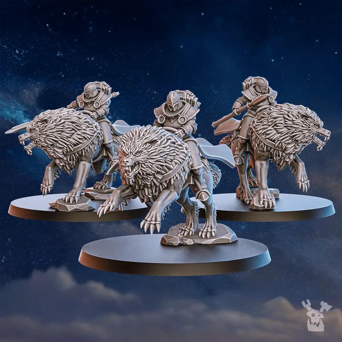 Three 3D-printed Stormpride Sisters Wolf Riders miniatures by Last Hope Miniatures from DakkaDakka, featuring detailed wolf rider figures.