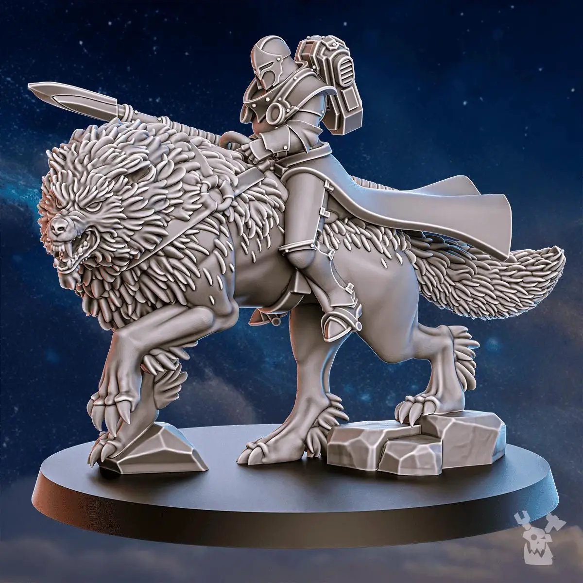 Three 3D printed Stormpride Sisters Wolf Riders miniatures by Last Hope Miniatures, featuring detailed armored figures on wolves.