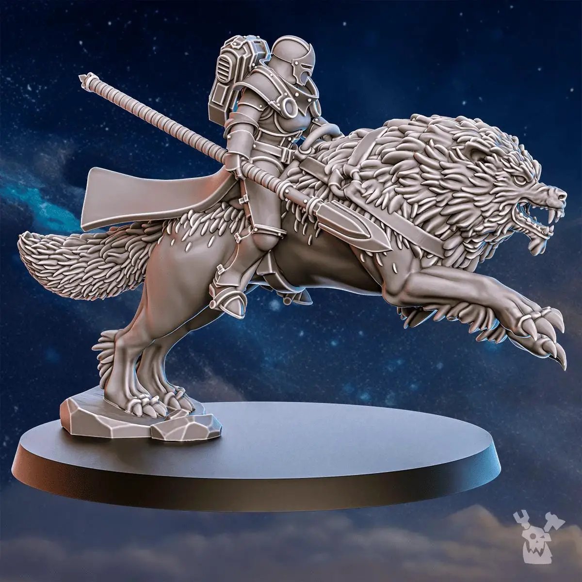 Three 3D printed Stormpride Sisters Wolf Riders miniatures by Last Hope Miniatures, featuring detailed wolf and rider models.