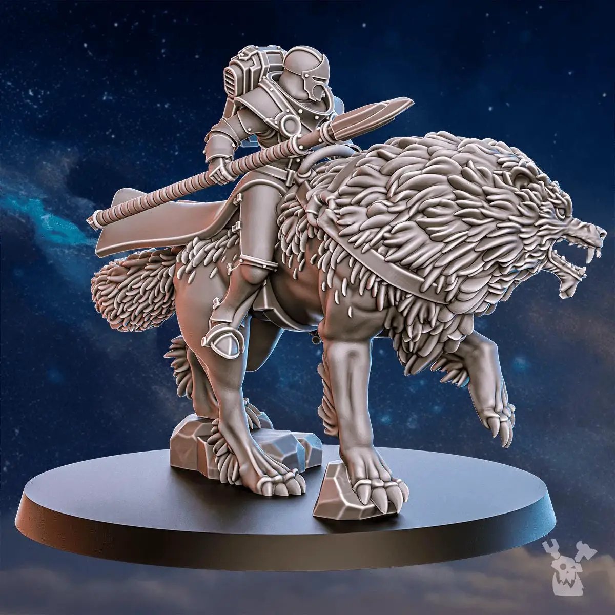 Three 3D printed Stormpride Sisters Wolf Riders miniatures by DakkaDakka Miniatures, featuring detailed wolf rider figures with armor and weapons.