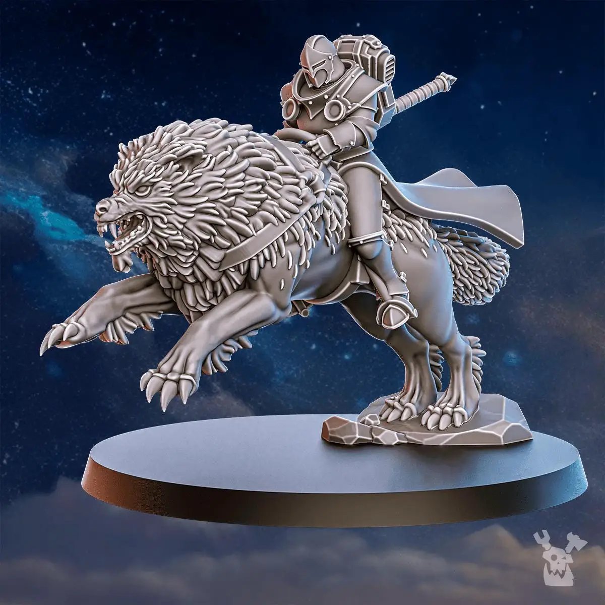 Three 3D printed Stormpride Sisters Wolf Riders miniatures by Last Hope Miniatures, featuring detailed wolf rider figurines.