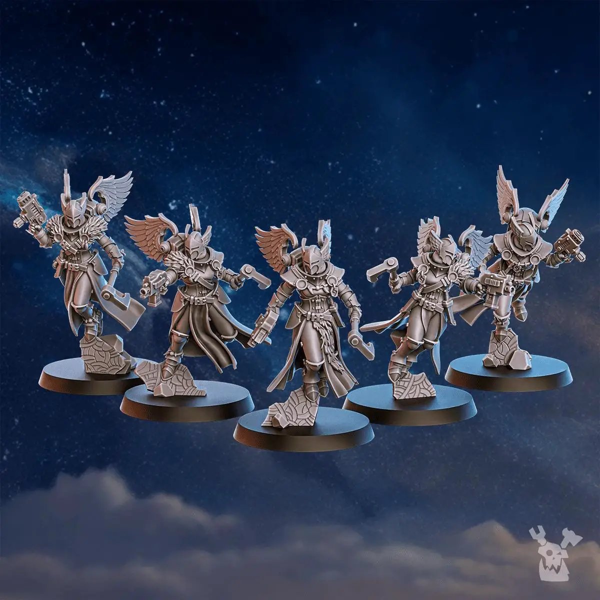 Five 3D printed Stormpride Valkyrie Squad miniatures by DakkaDakka Miniatures, detailed sci-fi tabletop gaming figures.