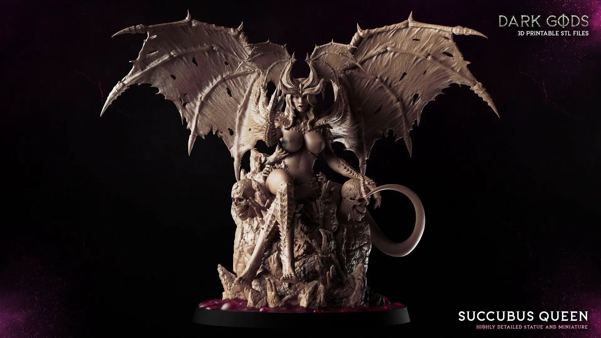 3D printed Succubus Queen miniature by Dark Gods Miniatures, detailed demon figure with wings and intricate design from Last Hope Miniatures