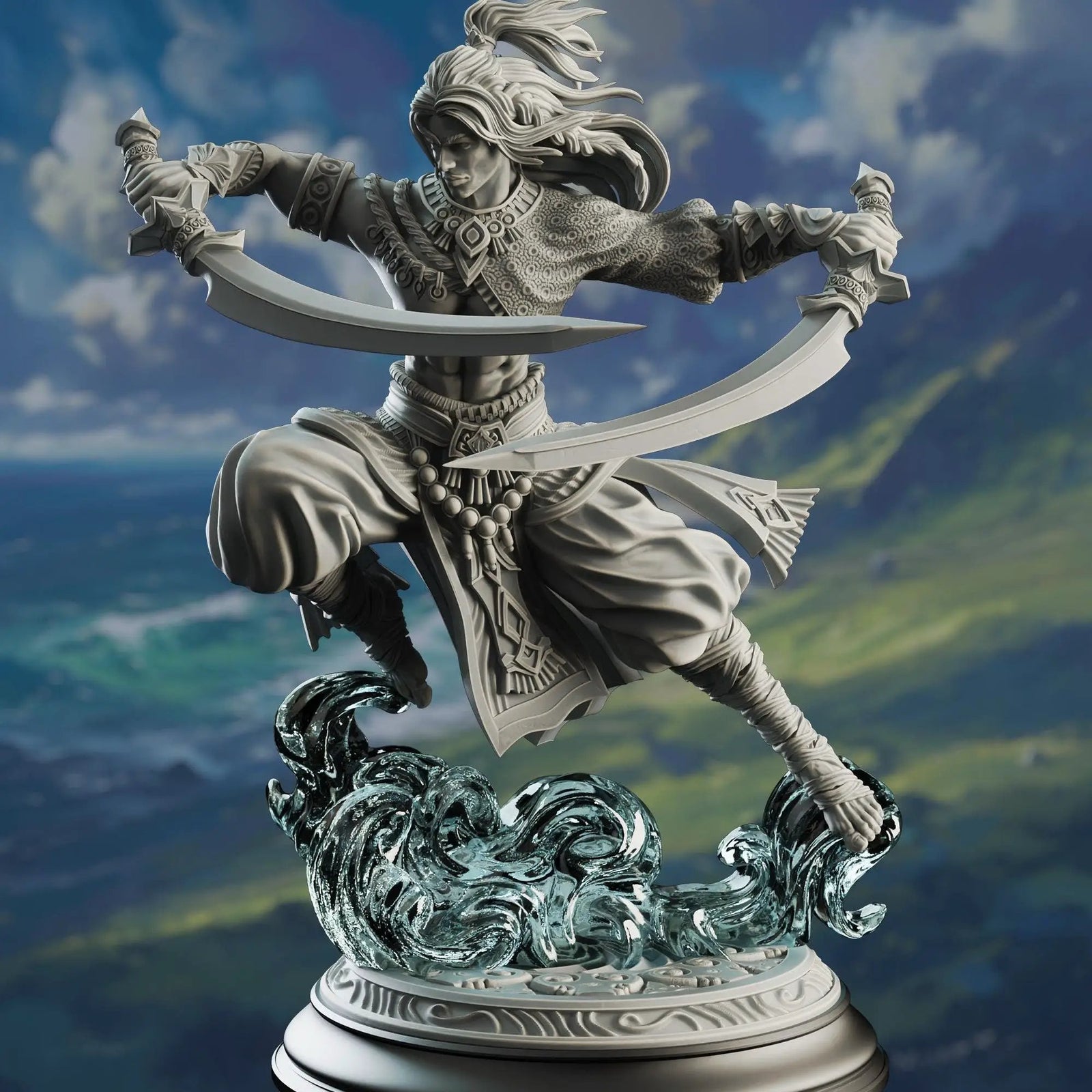 3D printed Sword Dancer Fighter miniatures by Last Hope Miniatures for D&D or tabletop gaming, detailed figurine on a display stand.
