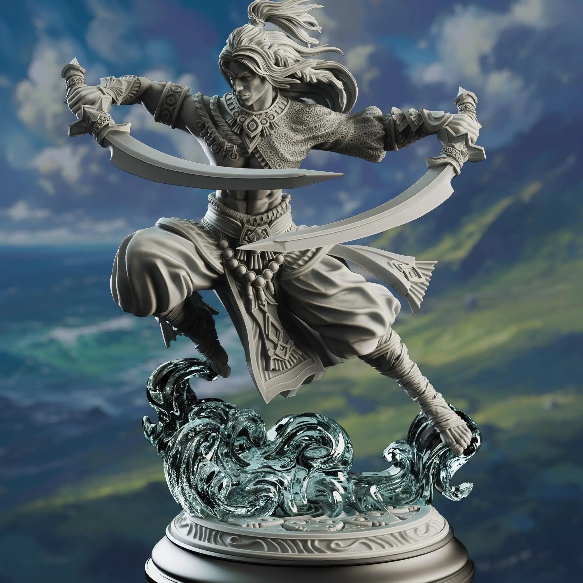 3D printed Sword Dancer Fighter miniatures by Last Hope Miniatures for D&D or tabletop gaming, detailed figurine on a display stand.