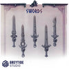 Set of 10 3D printed swords by Last Hope Miniatures for tabletop gaming, featuring detailed miniature weapon designs.