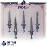 Set of 10 3D printed swords by Last Hope Miniatures for tabletop gaming, featuring detailed miniature weapon designs.
