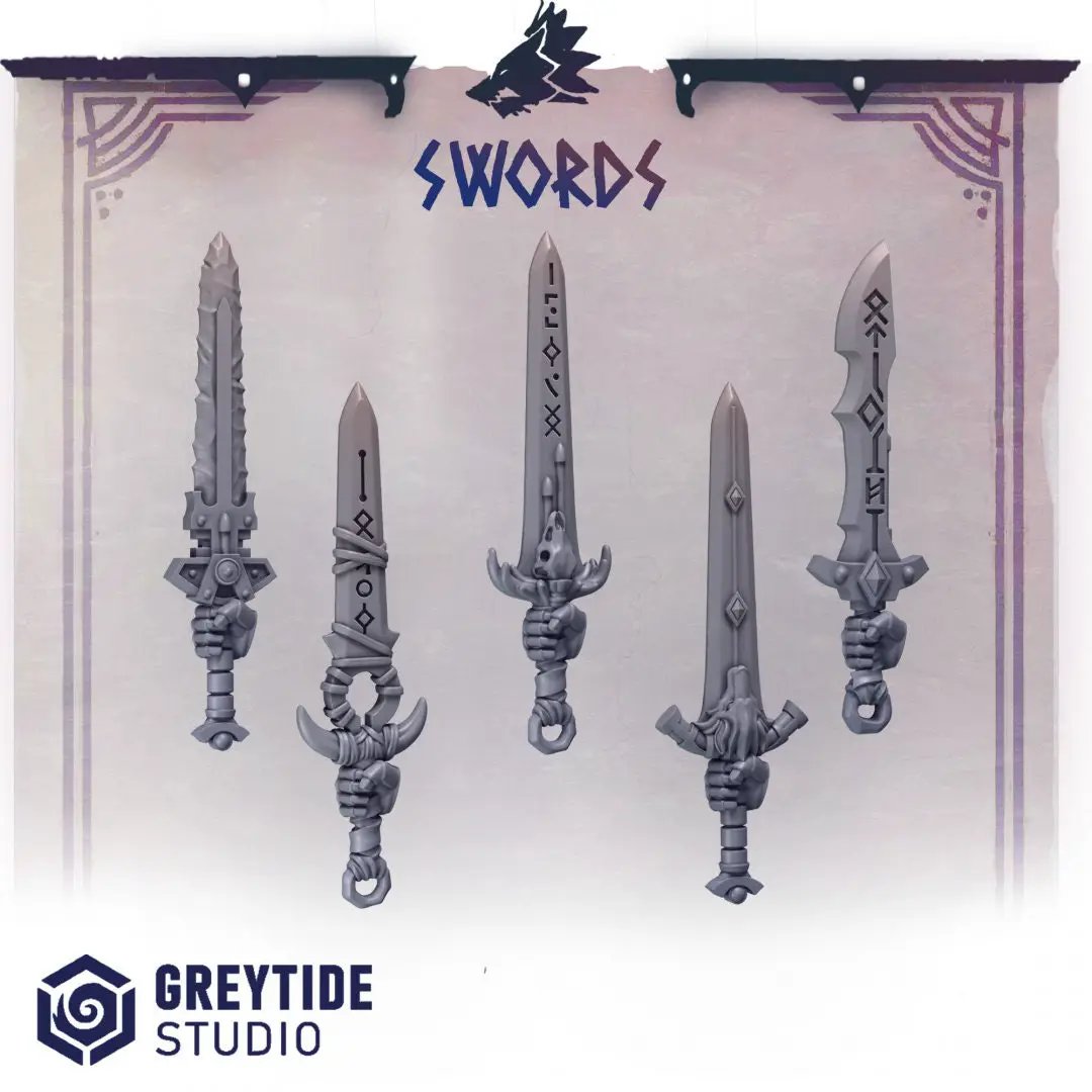 Set of 10 3D printed swords by Last Hope Miniatures for tabletop gaming, featuring detailed miniature weapon designs.