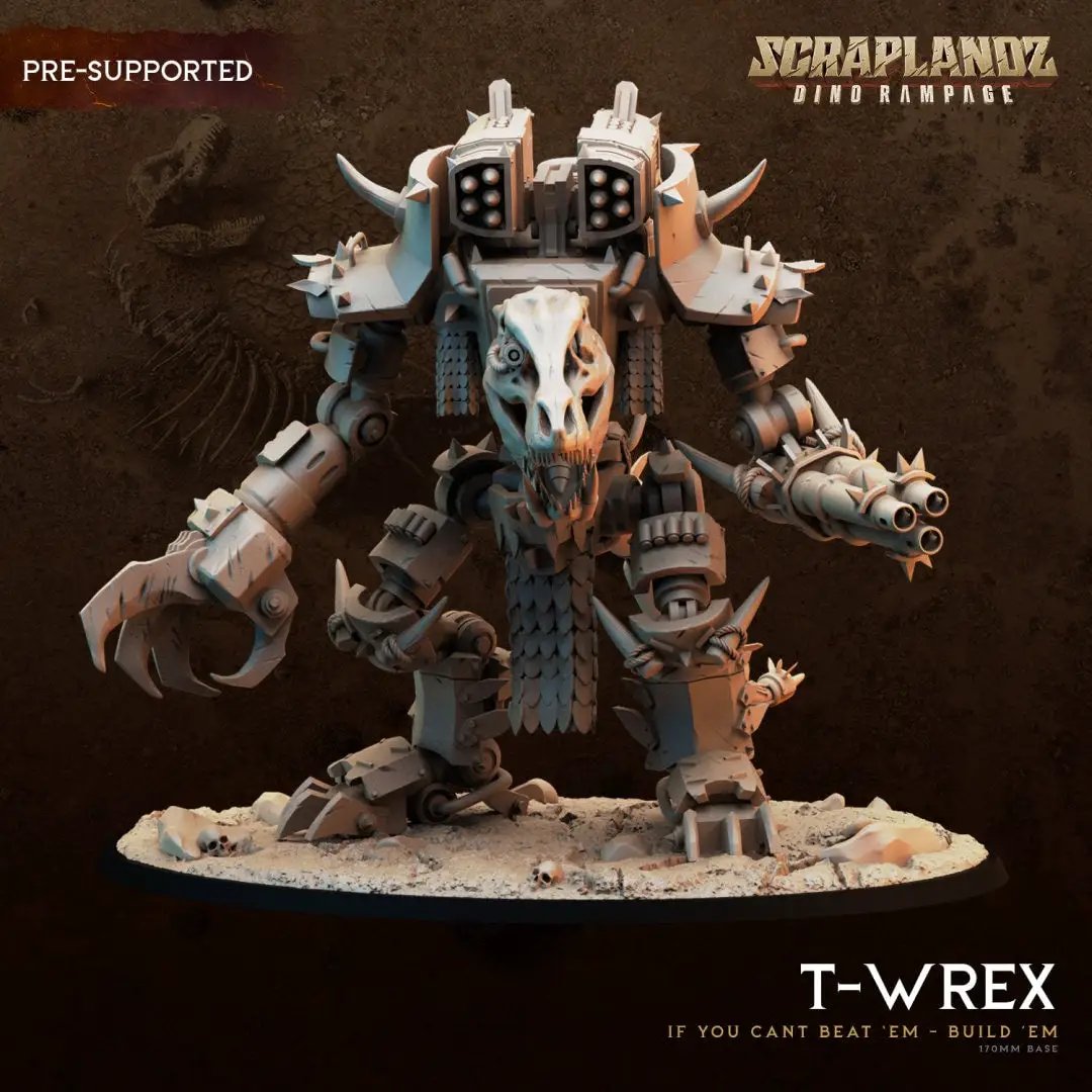 3D printed T-Wrex miniature from Dark Gods by Last Hope Miniatures, detailed dinosaur figure with intricate design.