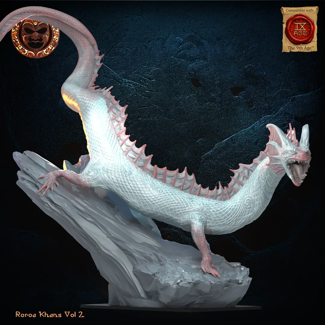 3D printed Taniwha miniature by Lost Kingdom Miniatures, detailed mythical creature with textured scales and fierce stance.