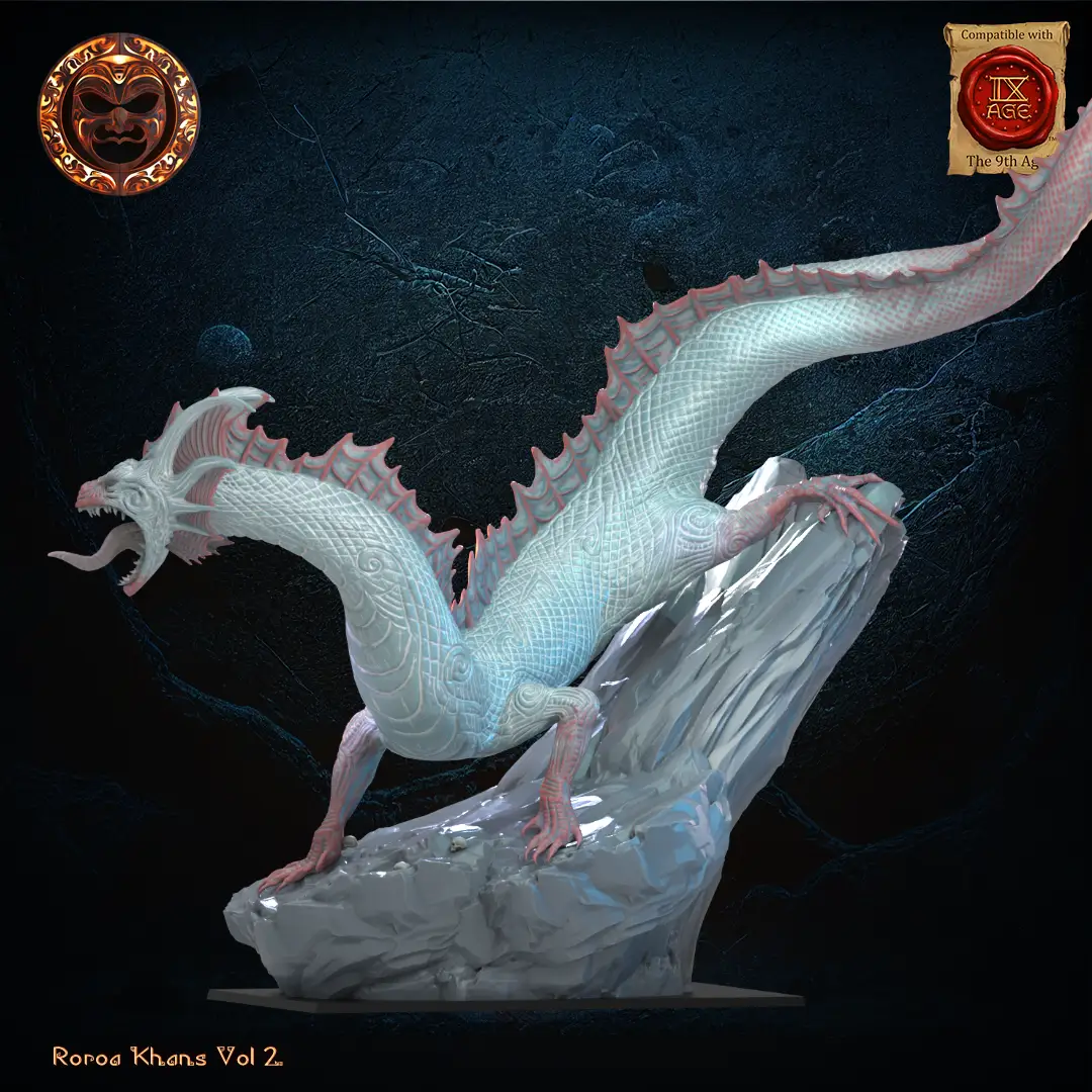 3D printed Taniwha miniature by Lost Kingdom Miniatures, detailed dragon-like creature with textured scales and dynamic pose.