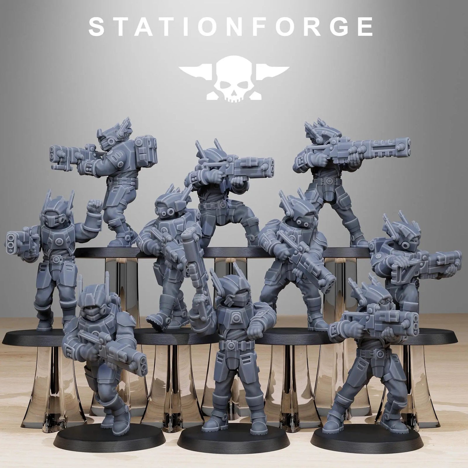 Set of 10 3D printed Tarion Assault Squad miniatures by StationForge Miniatures, detailed sci-fi soldiers for tabletop gaming.