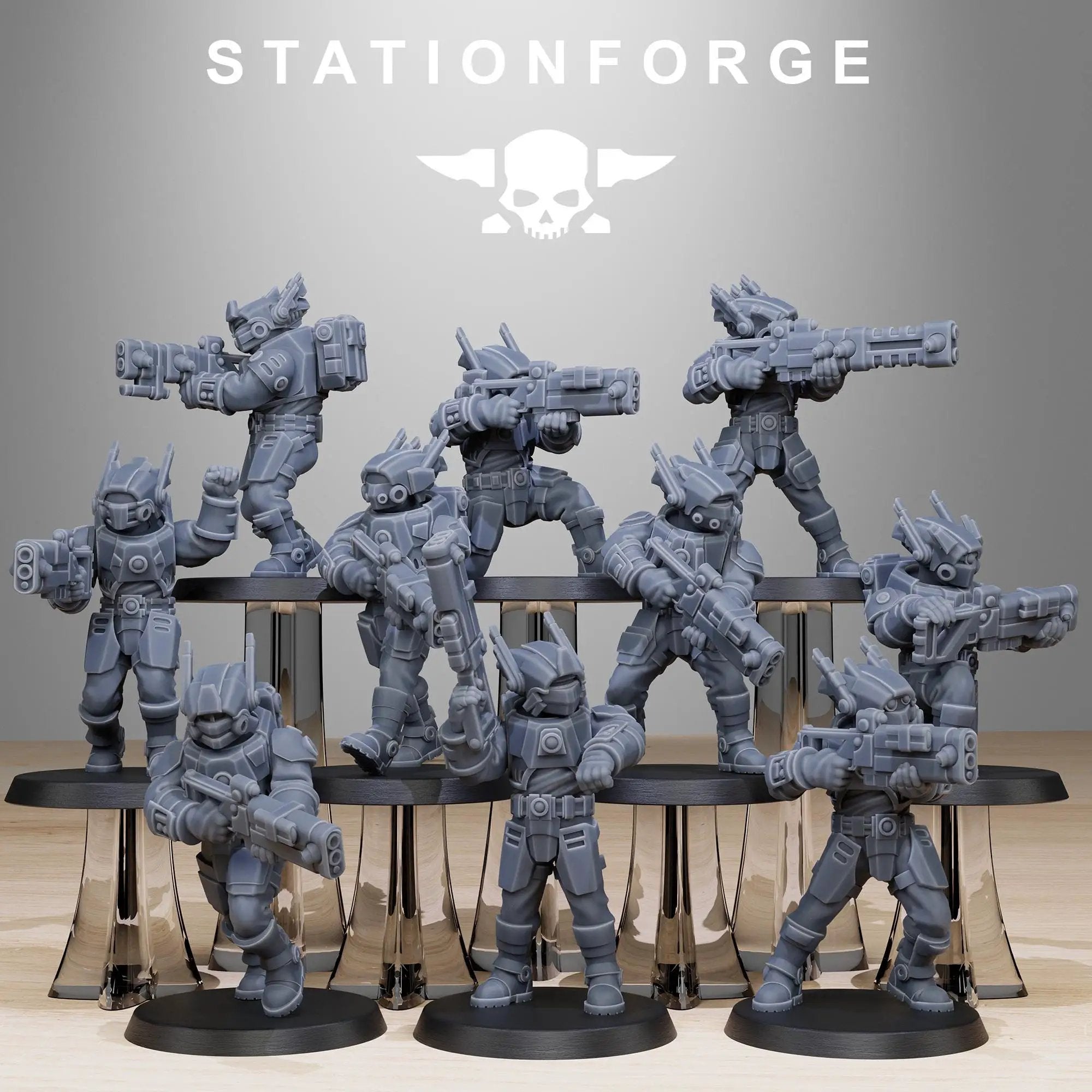 Set of 10 3D printed Tarion Assault Squad miniatures by StationForge Miniatures, detailed sci-fi soldiers for tabletop gaming.