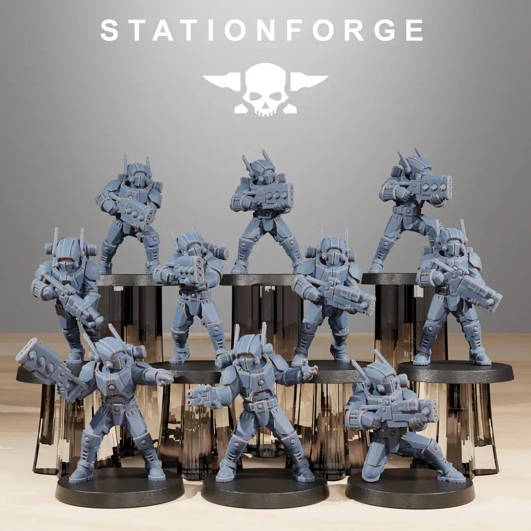 Pack of 10 3D printed Tarion Clone Infantry miniatures by StationForge Miniatures for Last Hope Miniatures, detailed military figures.