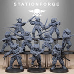 10 3D printed Tarion Melee Squad miniatures by StationForge Miniatures, designed for tabletop gaming and detailed in black plastic.