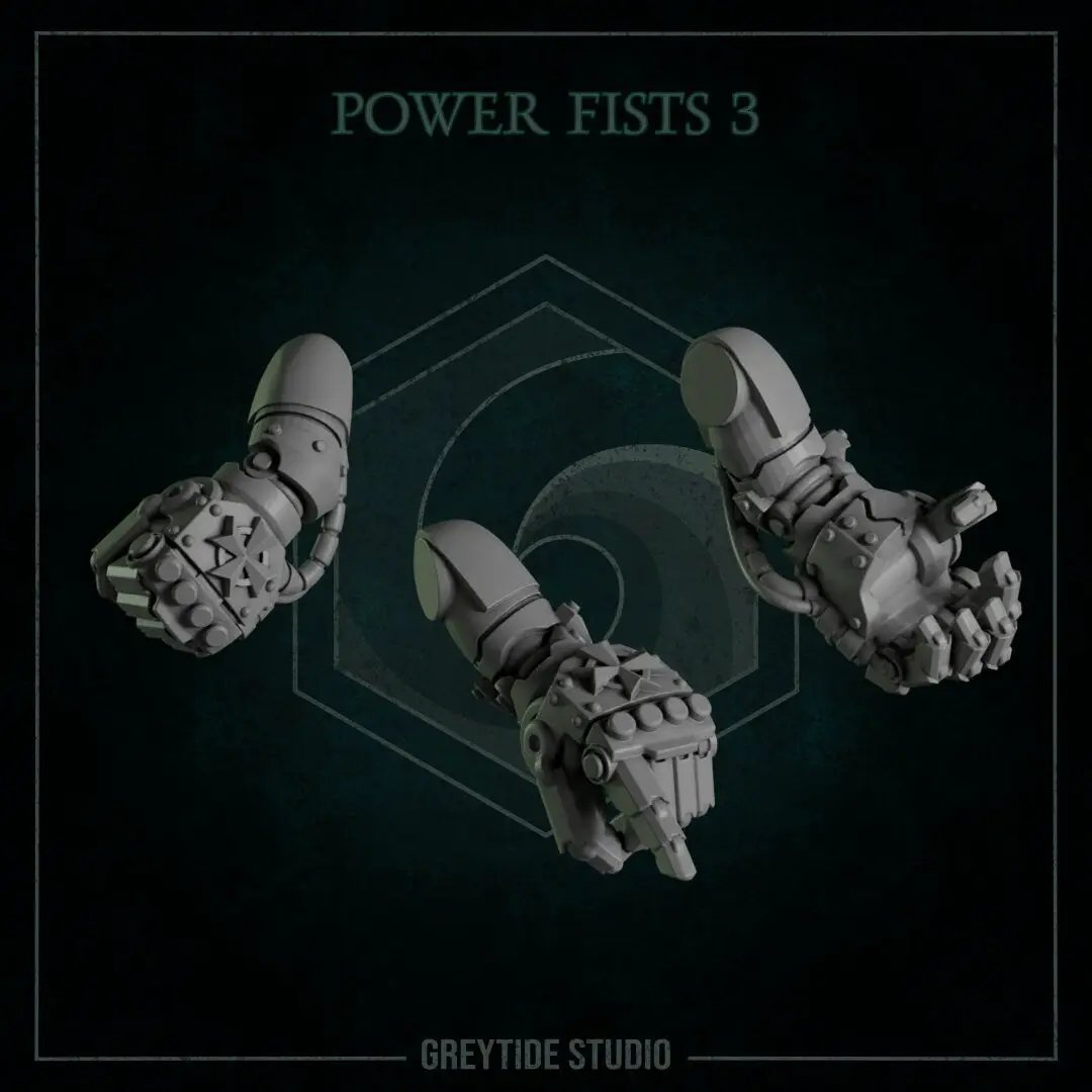 Six 3D printed Templar Cross Fists miniatures by Last Hope Miniatures for Greytide Studio, detailed and ready for tabletop gaming.