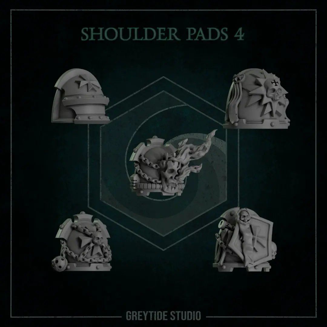 Set of 10 3D printed Templar Cross Shoulderpads by Greytide Studio for miniature figures, detailed religious-inspired armor accessories.