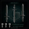 Nine 3D-printed Templar Cross swords by Last Hope Miniatures, detailed miniature weapons with ornate cross designs.