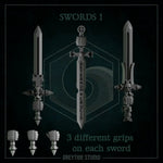 Nine 3D-printed Templar Cross swords by Last Hope Miniatures, detailed miniature weapons with ornate cross designs.