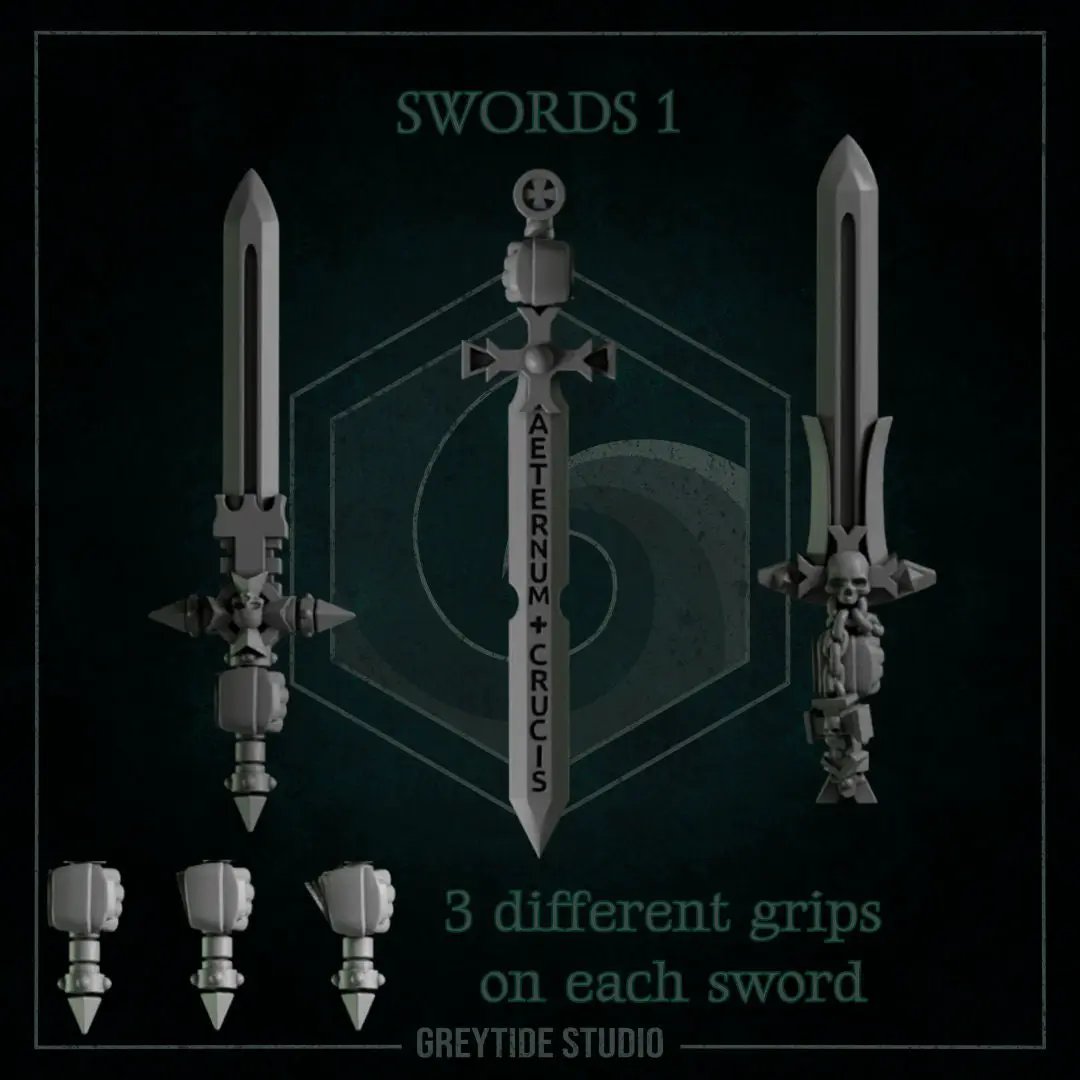 Nine 3D-printed Templar Cross swords by Last Hope Miniatures, detailed miniature weapons with ornate cross designs.