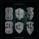 Six 3D printed Templar shields by Last Hope Miniatures, detailed medieval-style shields from Greytide Studio.