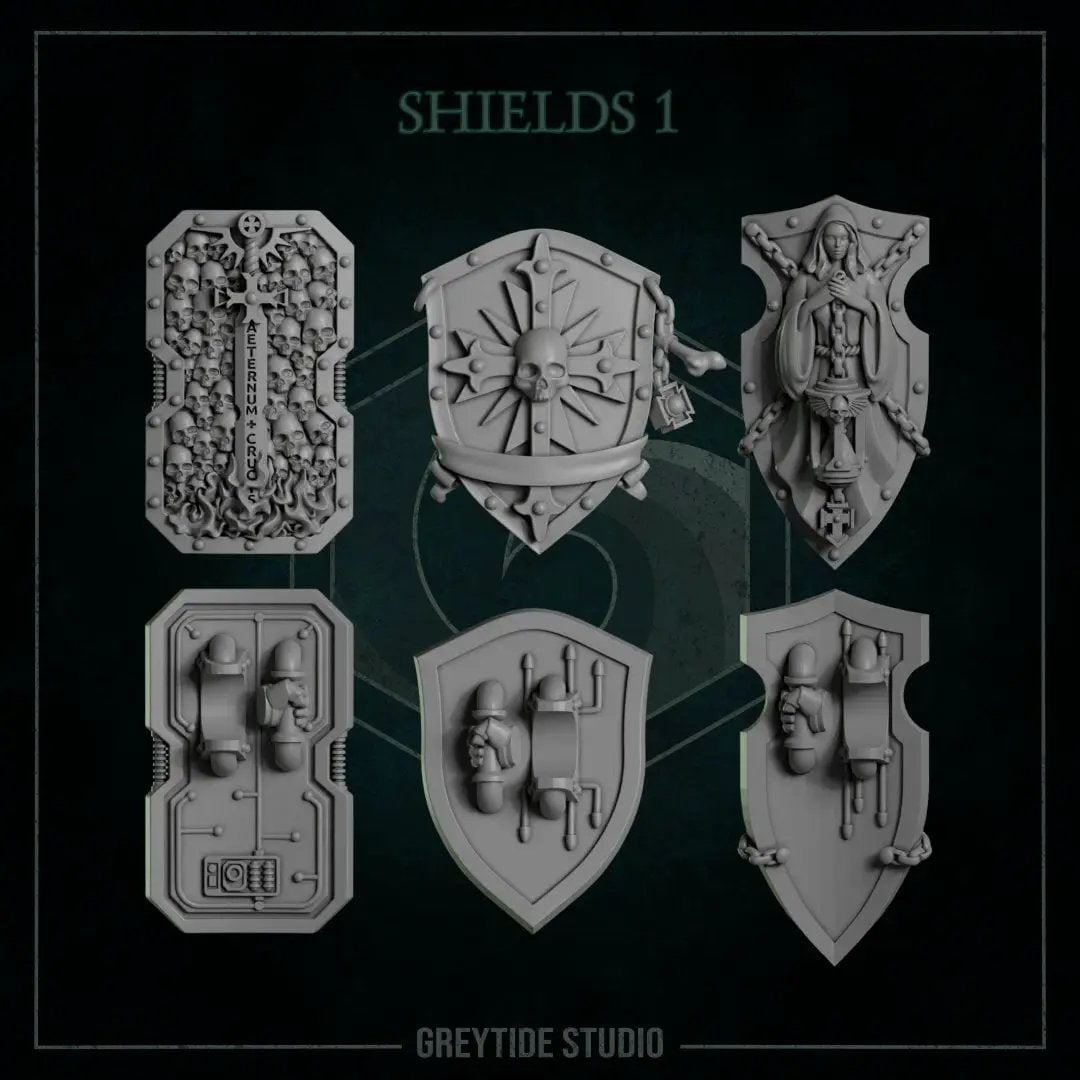 Six 3D printed Templar shields by Last Hope Miniatures, detailed medieval-style shields from Greytide Studio.