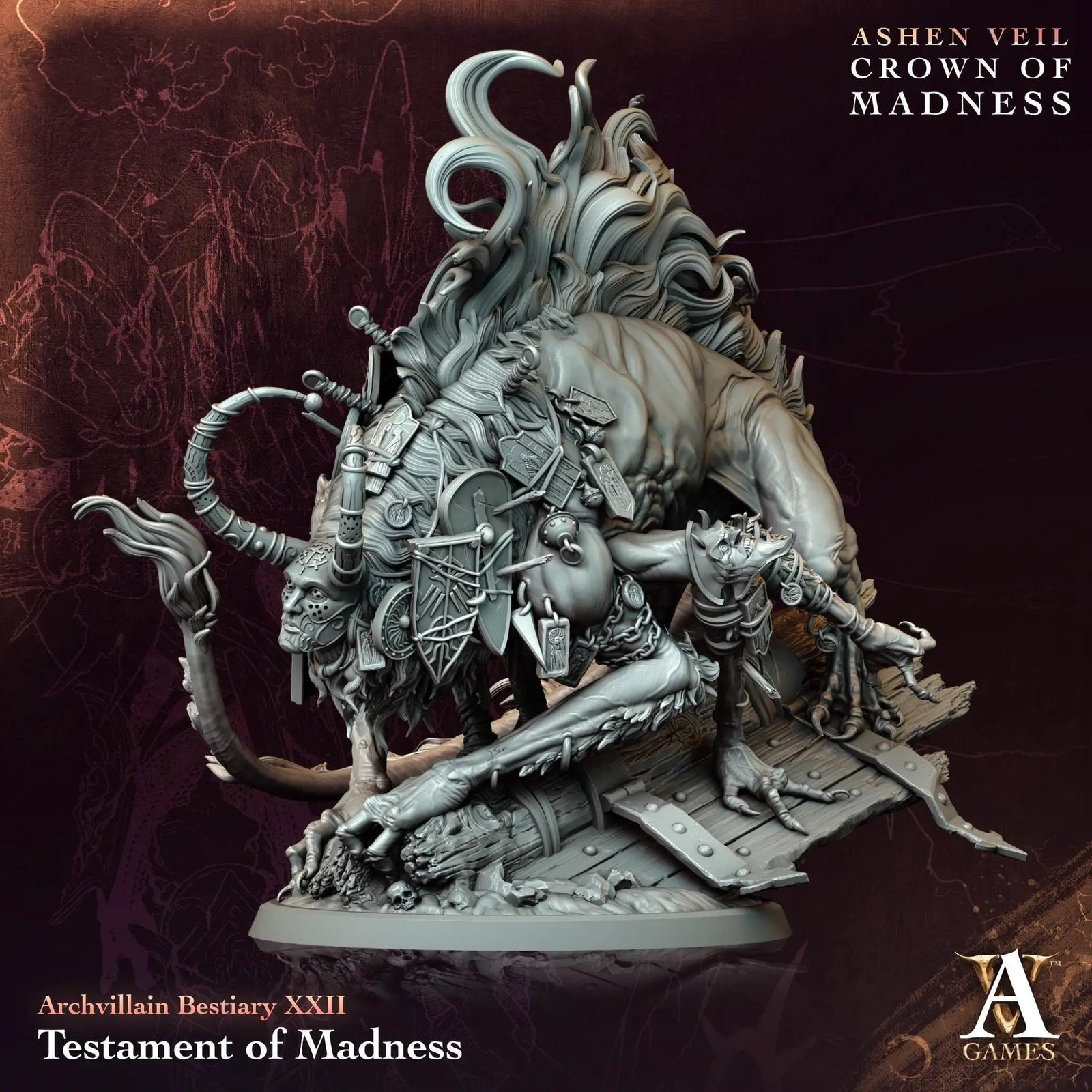 3D printed miniature figure of the Testament of Madness by Last Hope Miniatures for Archvillain Games, detailed and intricately designed.