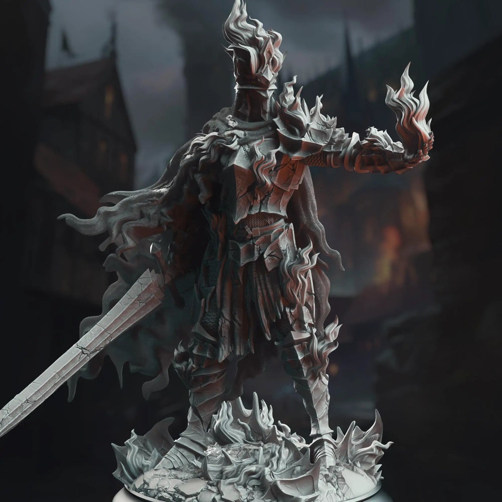 3D printed Burning Knight miniature by Last Hope Miniatures, detailed DM Stash fantasy figure on a textured base.