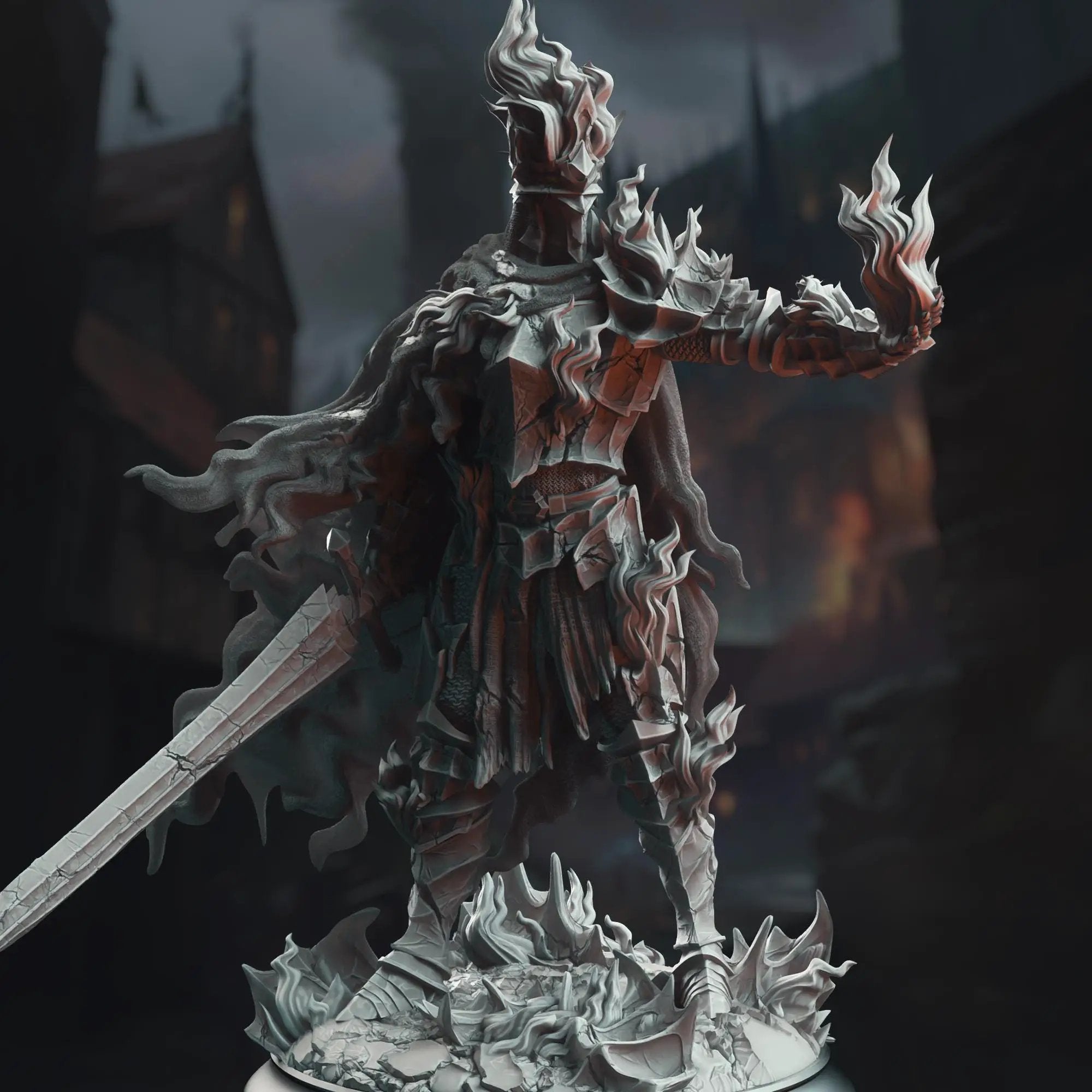 3D printed Burning Knight miniature by Last Hope Miniatures, detailed DM Stash fantasy figure on a textured base.