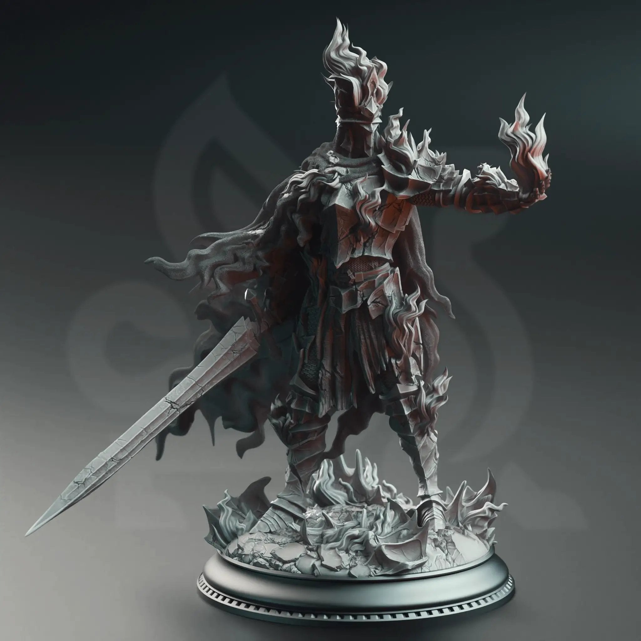 3D printed Burning Knight miniature by Last Hope Miniatures, detailed sculpt with fiery armor and weapon for tabletop gaming.