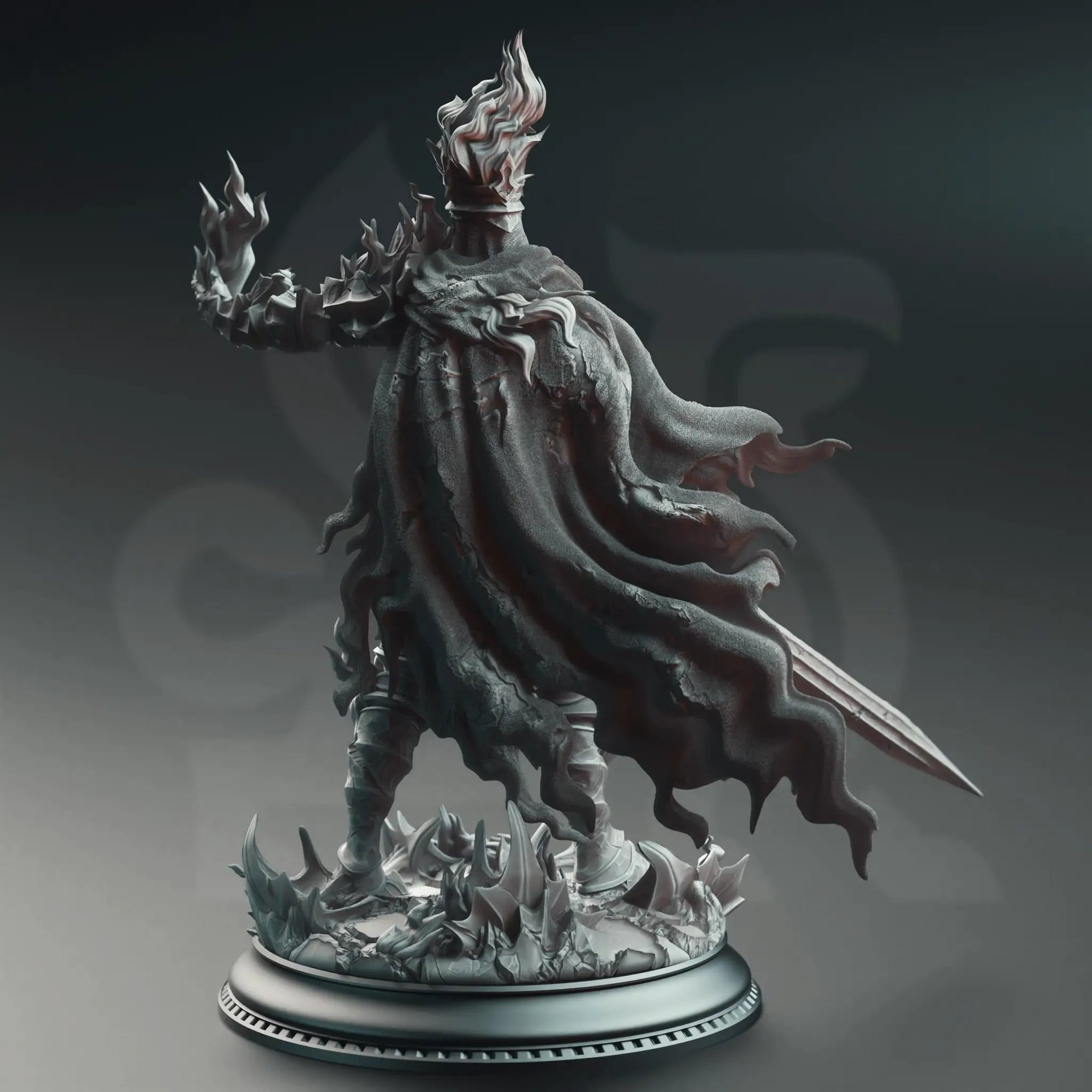 3D printed Burning Knight miniature by Last Hope Miniatures, detailed fantasy figure with fiery armor and sword.