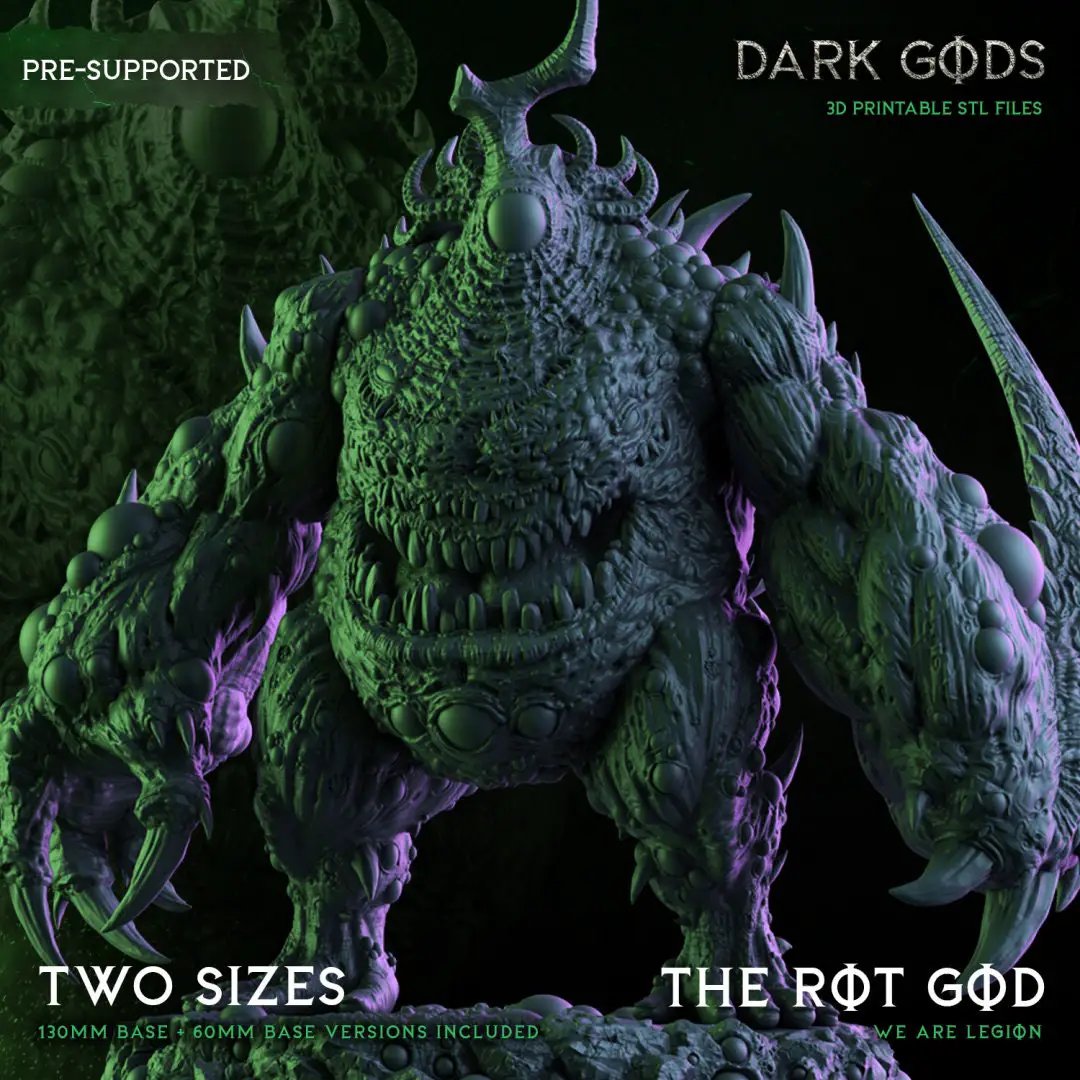 3D printed model of The Rot God by Dark Gods Miniatures, designed for tabletop gaming, showcasing detailed grotesque features.