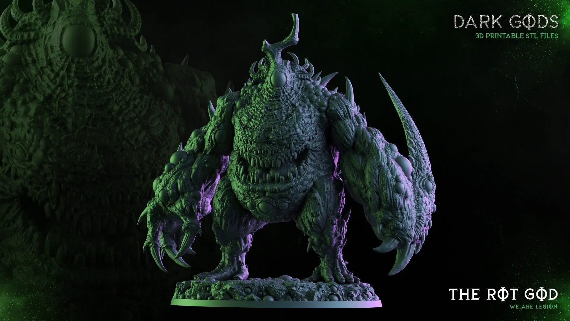 3D printed model of The Rot God by Dark Gods Miniatures, designed by Last Hope Miniatures, showing detailed textures and menacing features.