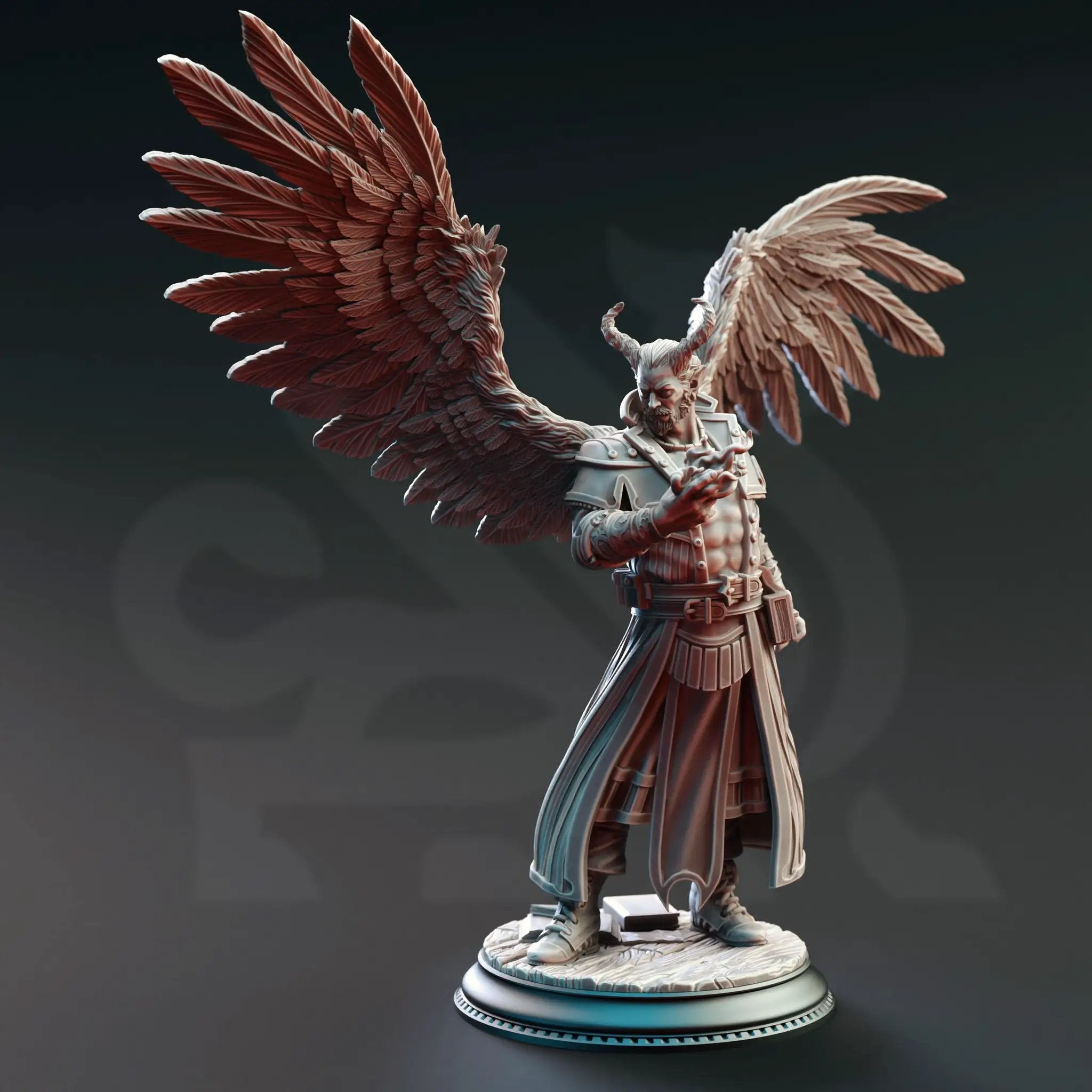 3D printed Tiefling Divine Soul Sorcerer miniature by Last Hope Miniatures, detailed fantasy character with horns and ornate robes.