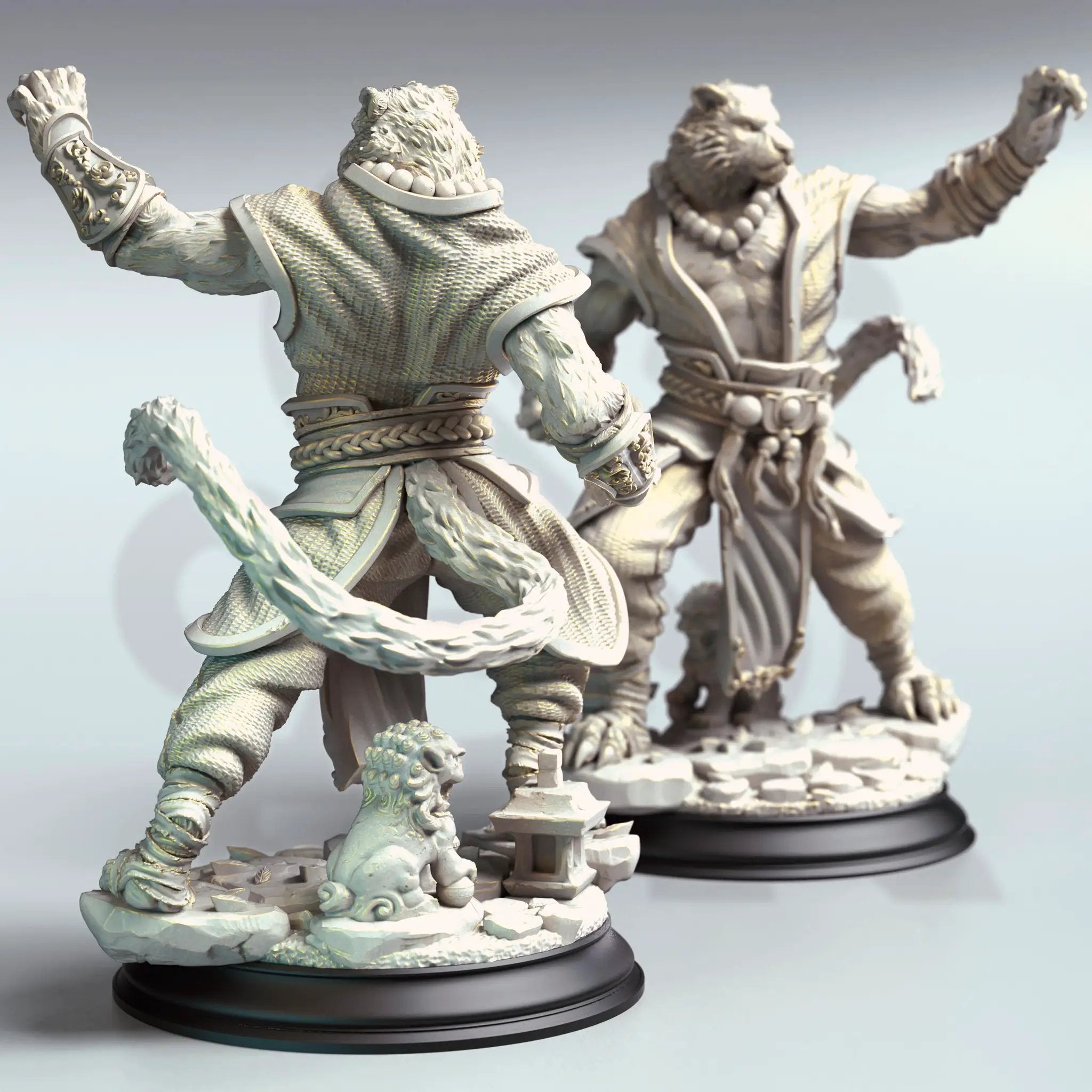 3D printed Tiger Monk miniature by Last Hope Miniatures, featuring detailed tiger and monk figure for tabletop gaming.