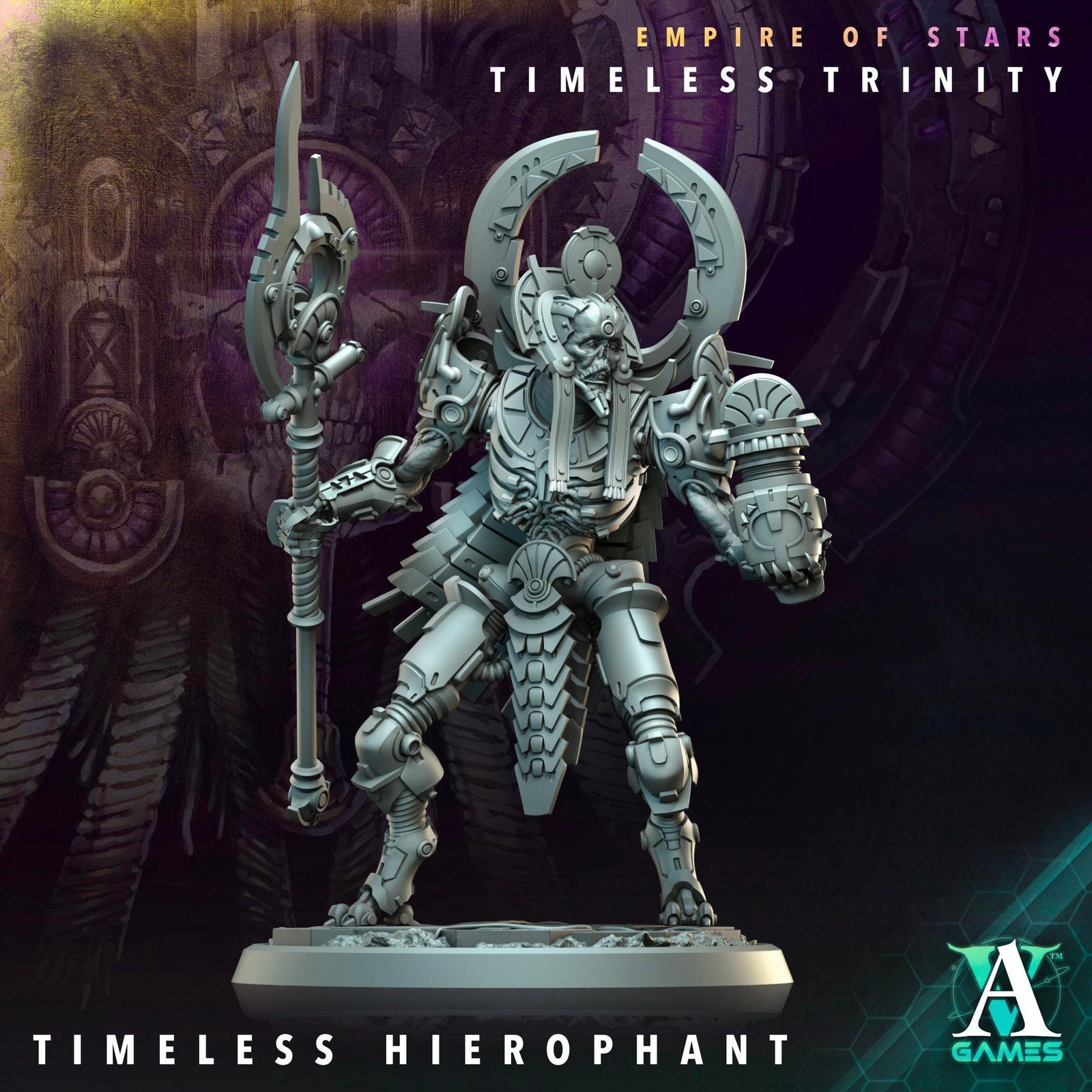 3D printed Timeless Heirophant miniature by Archvillain Games, detailed fantasy figure from Last Hope Miniatures, shown on a stand.