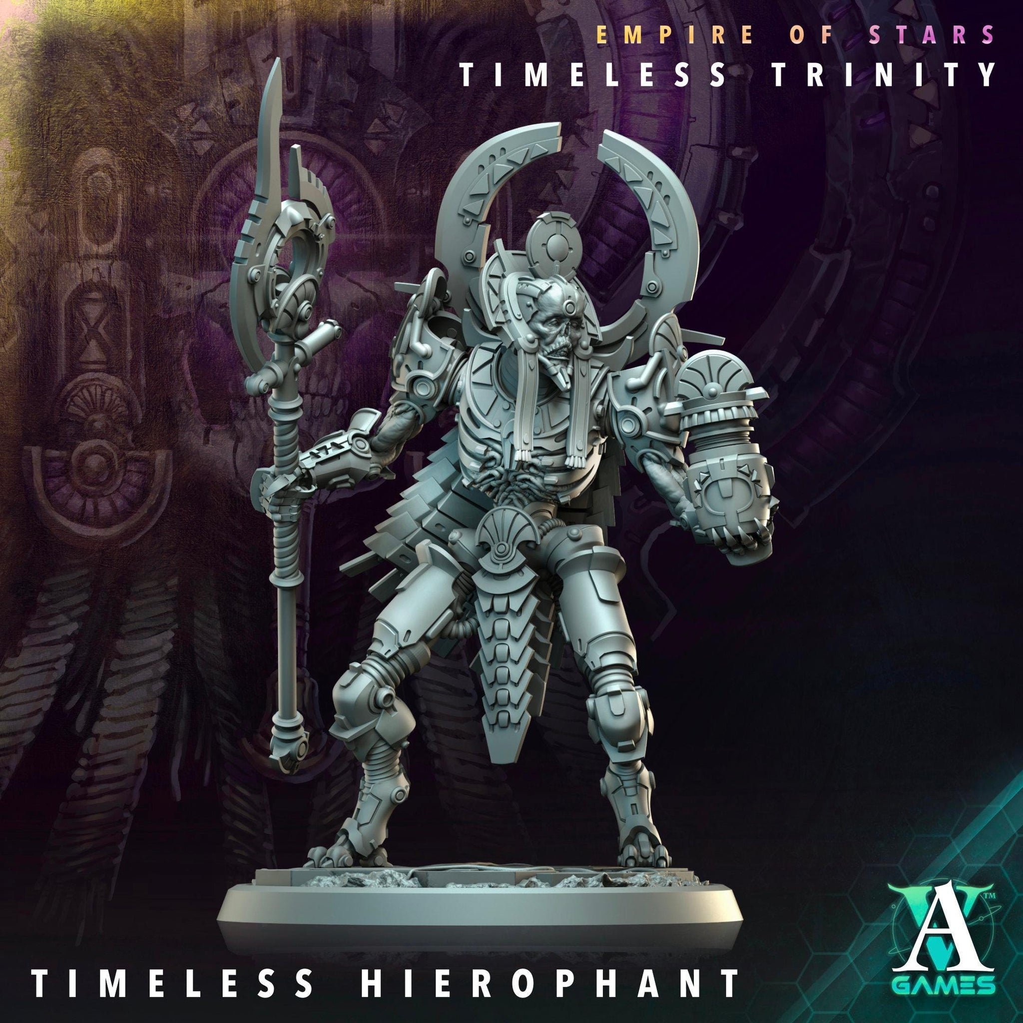 3D printed Timeless Heirophant miniature by Archvillain Games, detailed fantasy figure from Last Hope Miniatures, shown on a stand.