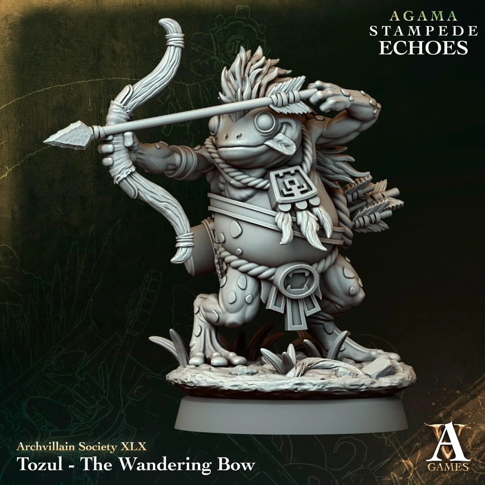 3D printed Tozul the Wandering Bow miniature by Last Hope Miniatures, detailed figure from Archvillain Games on a neutral background.