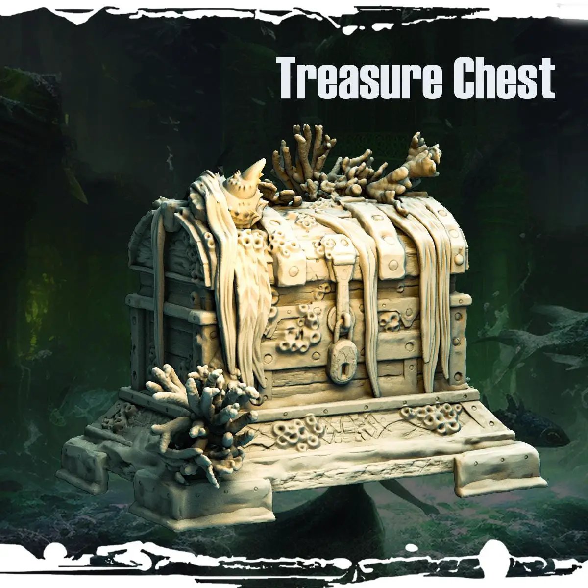 3D printed treasure chest by Last Hope Miniatures, featuring detailed craftsmanship and a vintage pirate-inspired design.