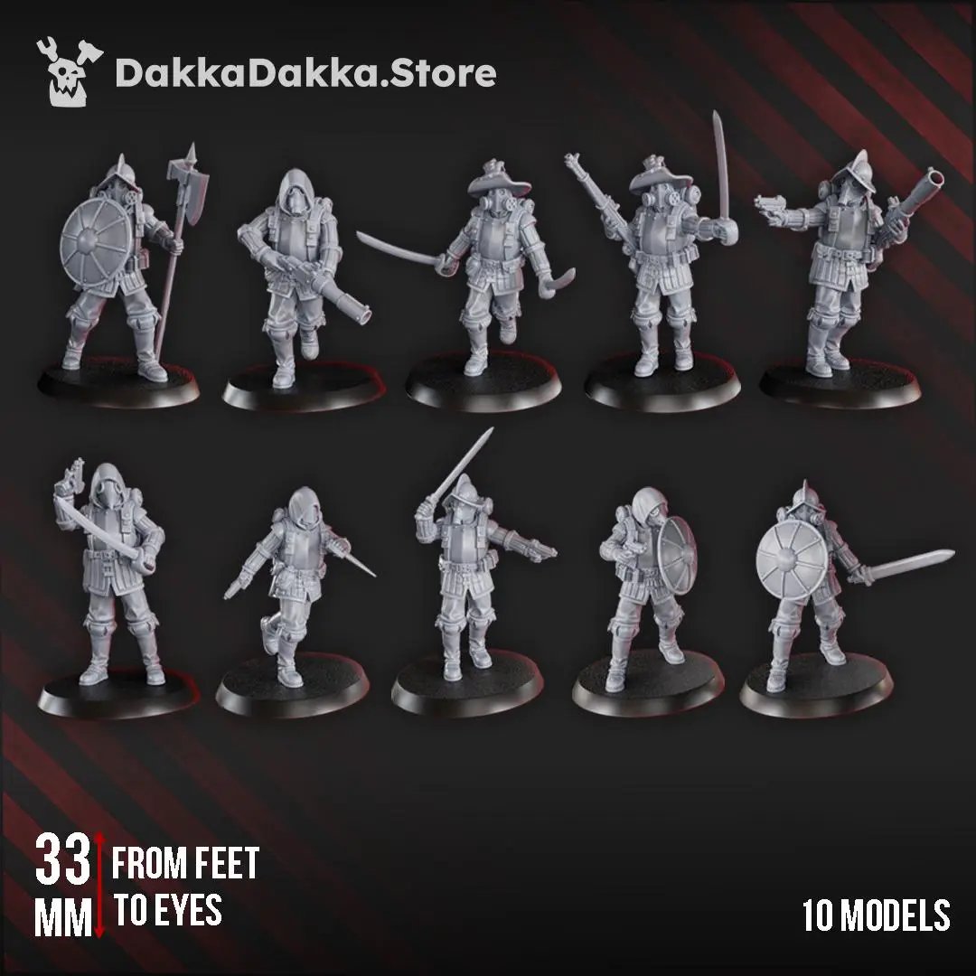 Group of 10 3D printed Trench Conquistadors miniatures by Last Hope Miniatures for DakkaDakka, detailed military figures.