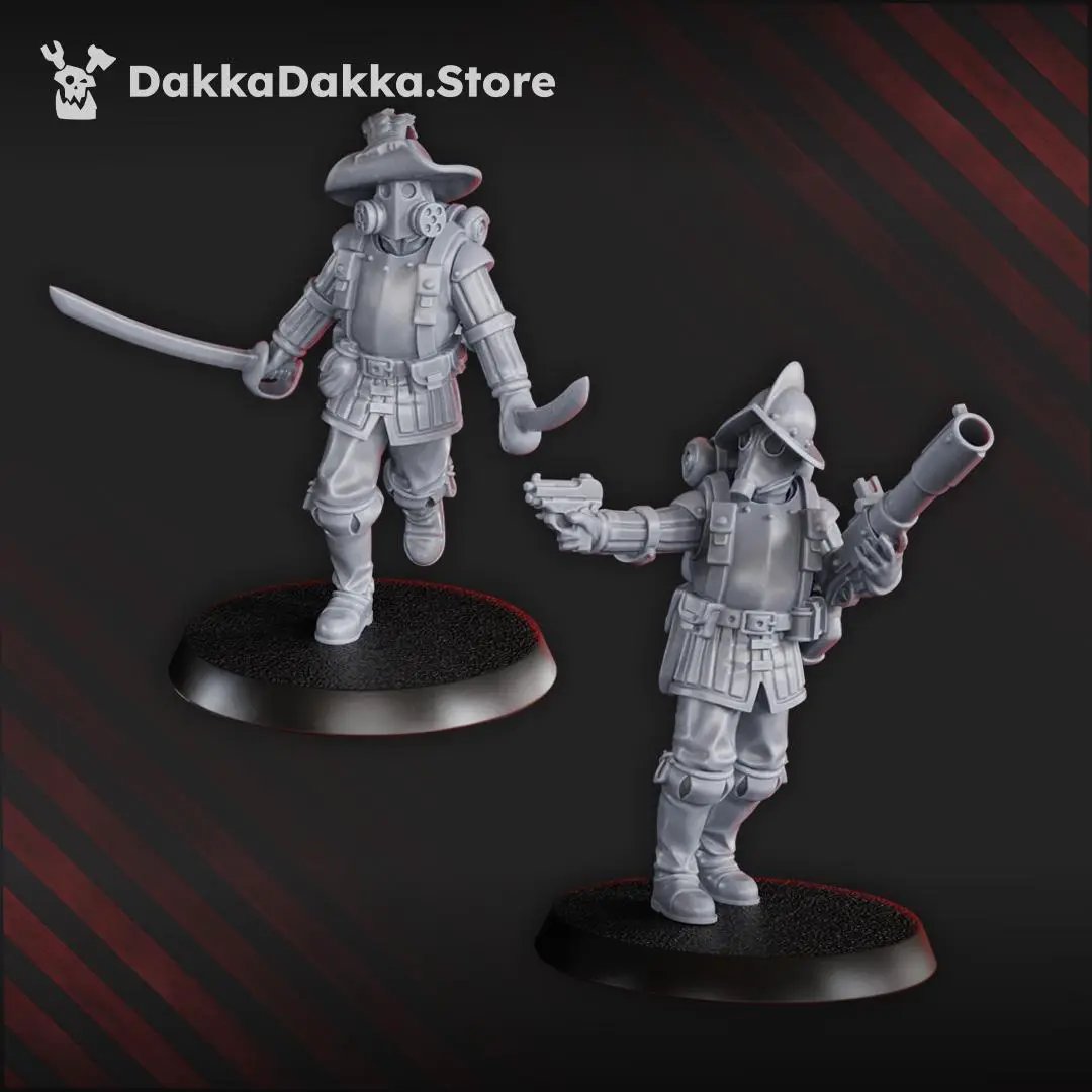 Set of ten 3D printed Conquistador miniatures by DakkaDakka Mininatures for tabletop gaming, featuring detailed conquistador figures.
