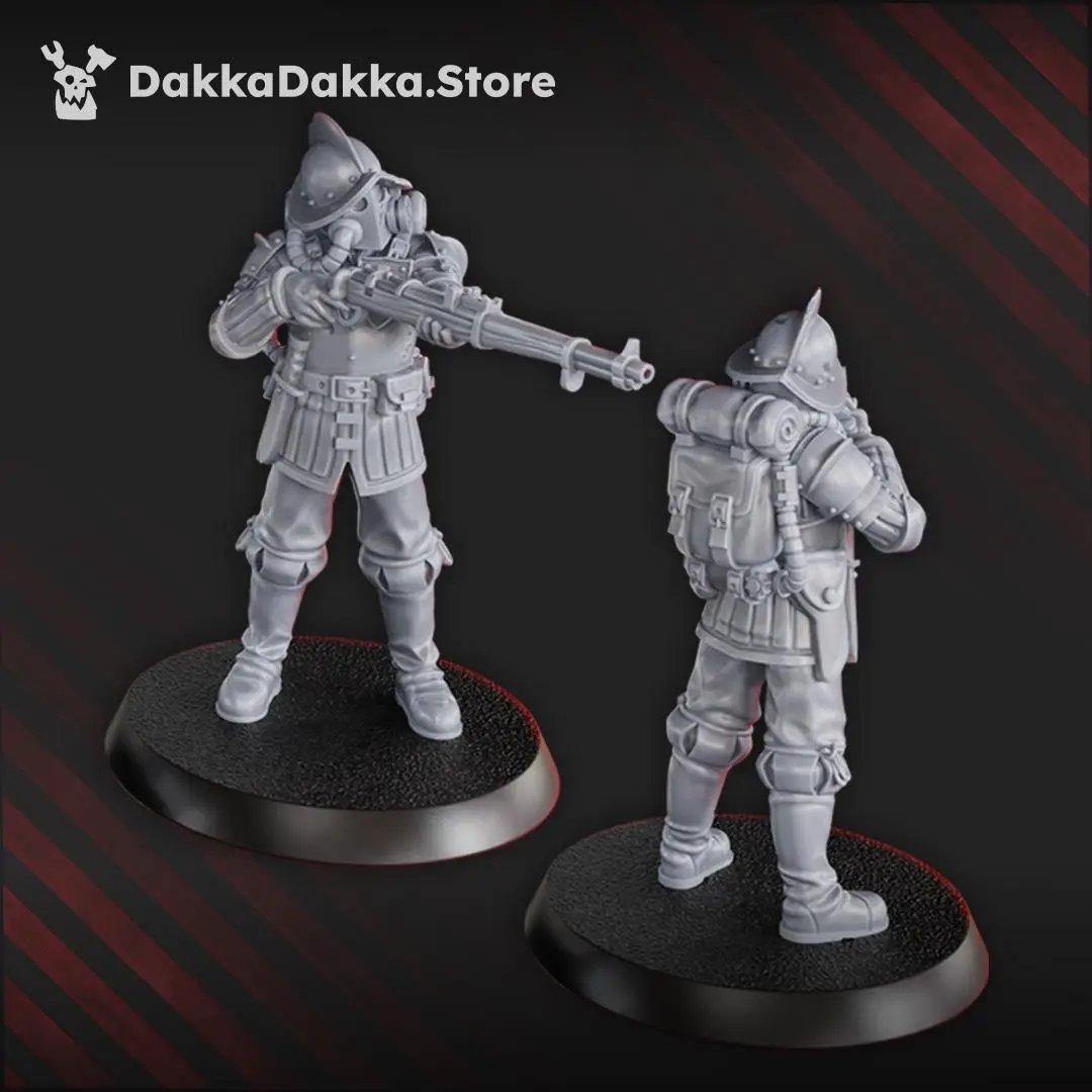 Six 3D printed Trench Elite Conquistadors miniatures by Last Hope Miniatures for DakkaDakka, detailed figures on a white background.