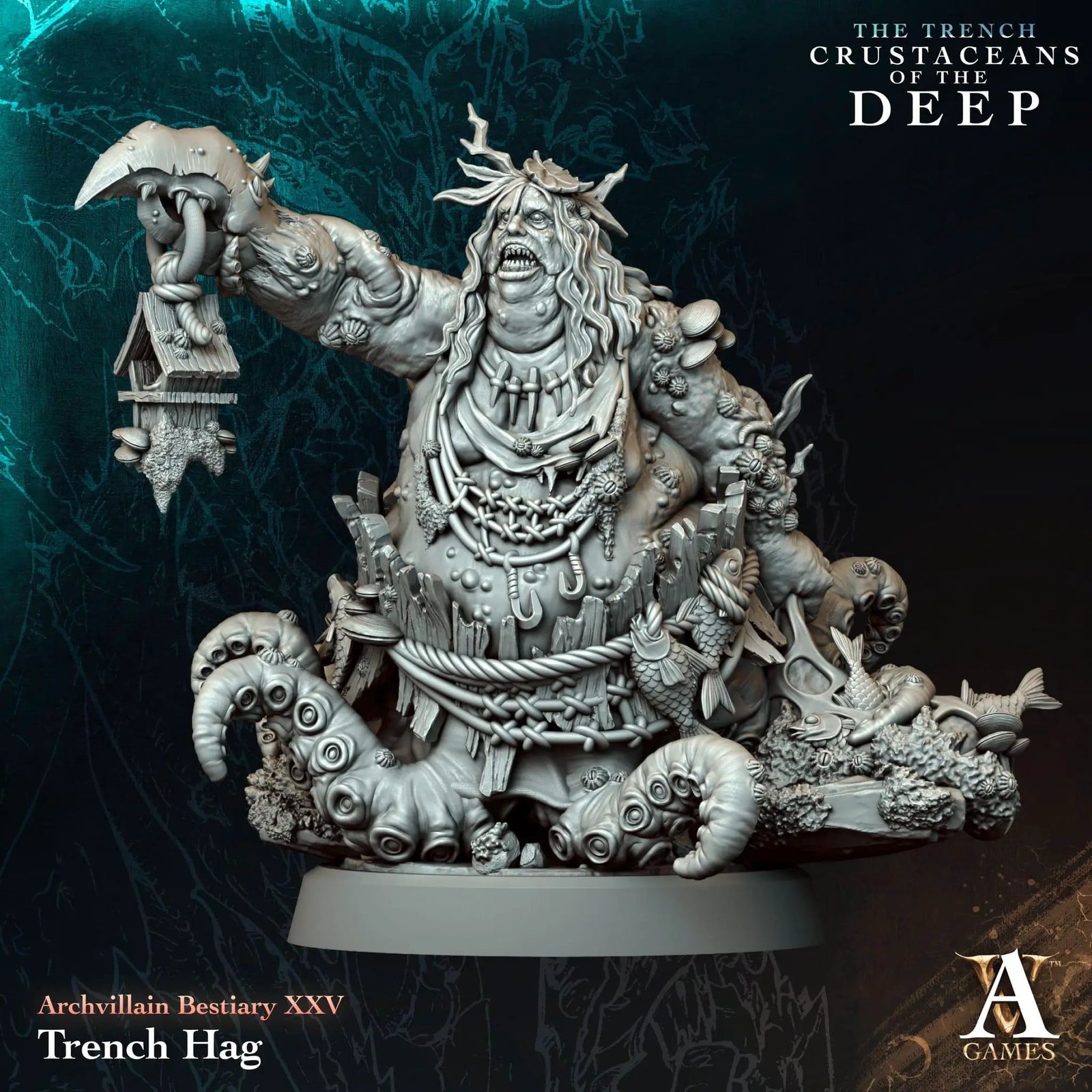 3D printed Trench Hag miniature by Archvillain Games, from Last Hope Miniatures, showcasing detailed fantasy creature with rugged features.