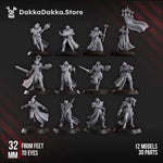 12 3D printed Trench Liquidation Team miniatures by DakkaDakka for Last Hope Miniatures, shown assembled and detailed.