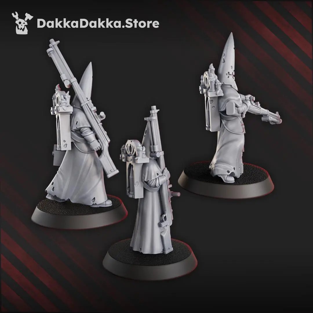 Three 3D printed Trench Novitiates miniatures by Last Hope Miniatures for DakkaDakka, featuring detailed sci-fi soldier designs.